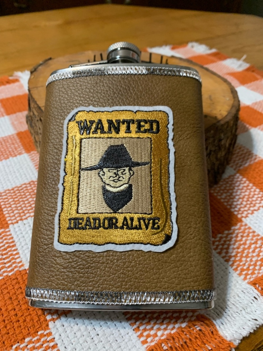 Brown Leatherette Flask with 'WANTED' Patch